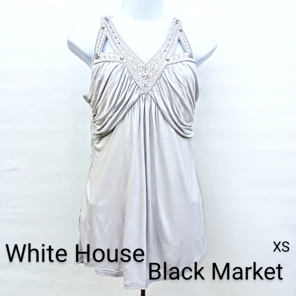 White House Black Market Sleeveless Draping Jeweled Top Jersey Ice Gray X Small - Picture 2 of 10